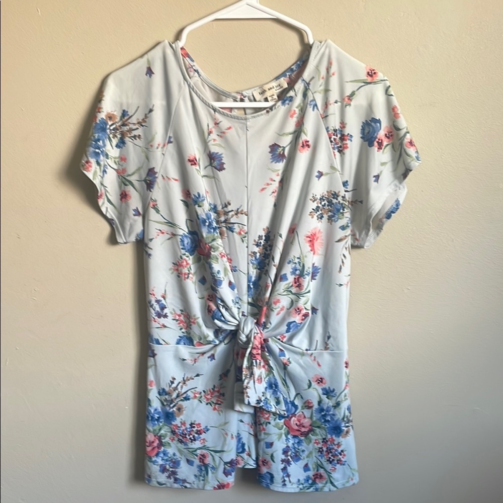 Faith and Joy Floral Knot-Front Jumpsuit - Blue and Pink (Bin C)